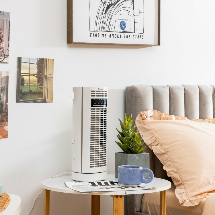 14-inch mini oscillating tower fan in white with 3 speeds, designed for quiet cooling in small spaces like bedrooms or.