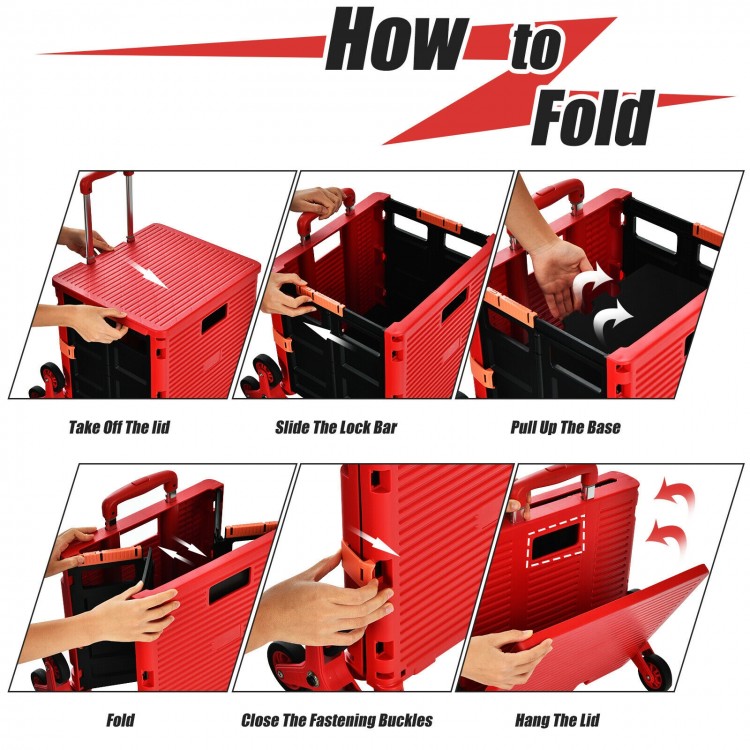Foldable utility cart in red demonstrating folding steps, featuring tri-wheels for easy transport and adjustable handle.