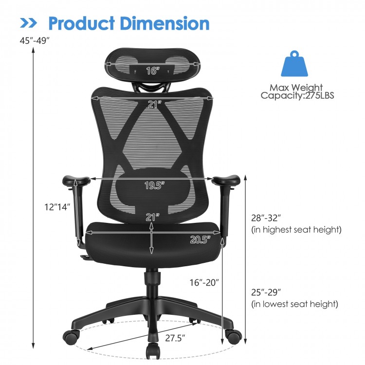High back mesh executive chair with adjustable lumbar support and headrest, ideal for home office use.