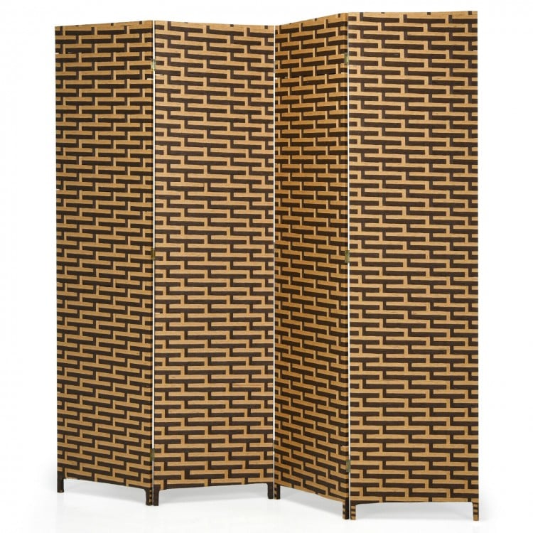 Four-panel folding privacy partition room divider in yellow with a hand-woven design, ideal for versatile home decor.