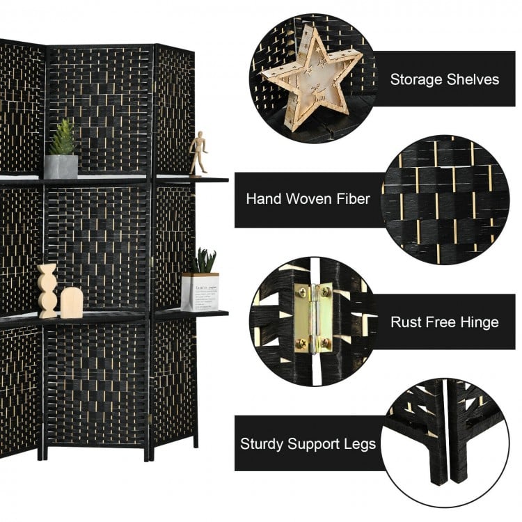 Detail of the sturdy rust-free hinge and support legs on the 6-panel black room divider with hand-woven fiber design.