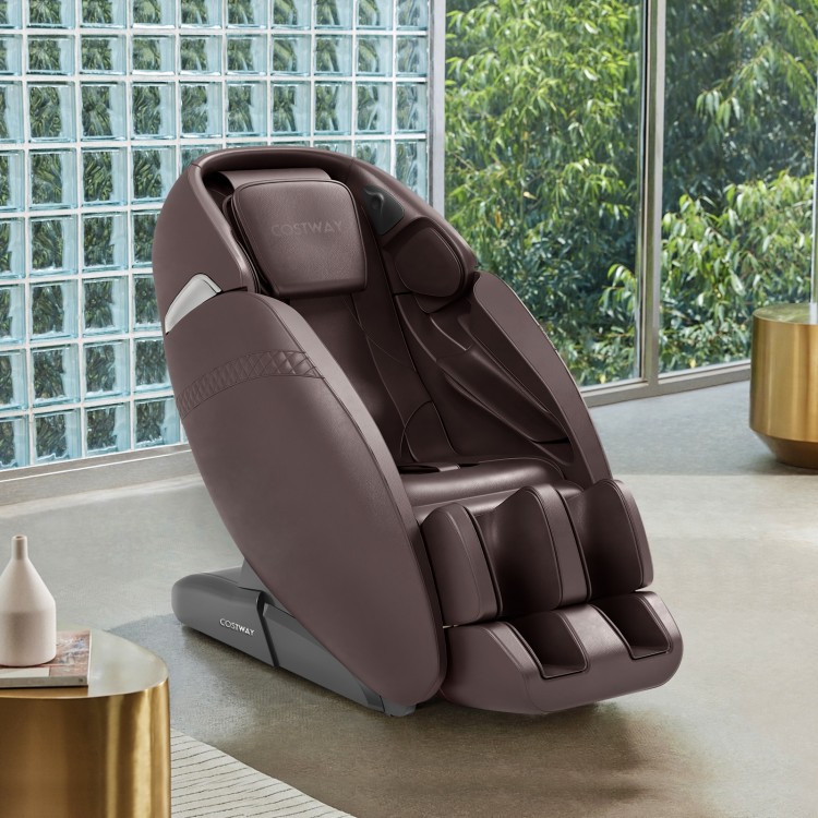 Brown electric zero gravity massage chair with SL track, designed for ultimate relaxation in modern interiors.