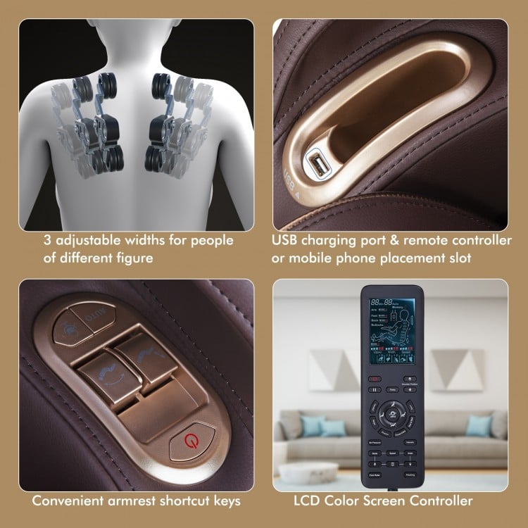 Adjustable armrest with shortcut keys and USB charging port on the Relaxe Zero Gravity Shiatsu Massage Chair in brown.