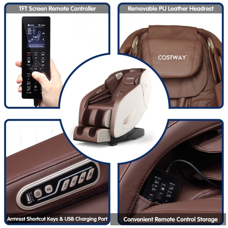 Full body zero gravity massage chair in brown with remote control, featuring SL track and heat for enhanced comfort.