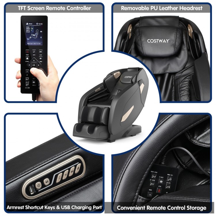 Close-up of the Relaxation 02 massage chair's remote control, featuring shortcut keys and USB charging port for.