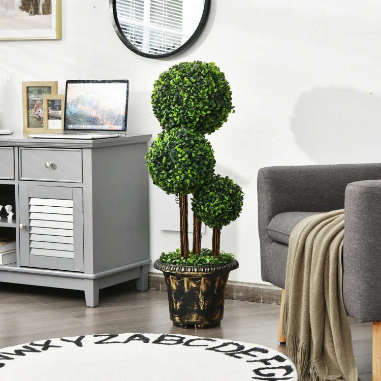 36-inch artificial topiary triple ball tree with vibrant green PE leaves in a decorative pot for indoor and outdoor.