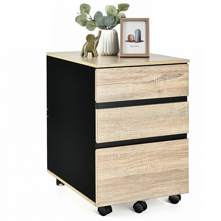 3-drawer mobile file cabinet with a sleek design, featuring a large bottom drawer and lockable wheels for stability.