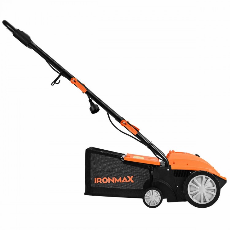 13-inch electric scarifier in orange with collection bag, featuring adjustable depth and dual safety switch for.