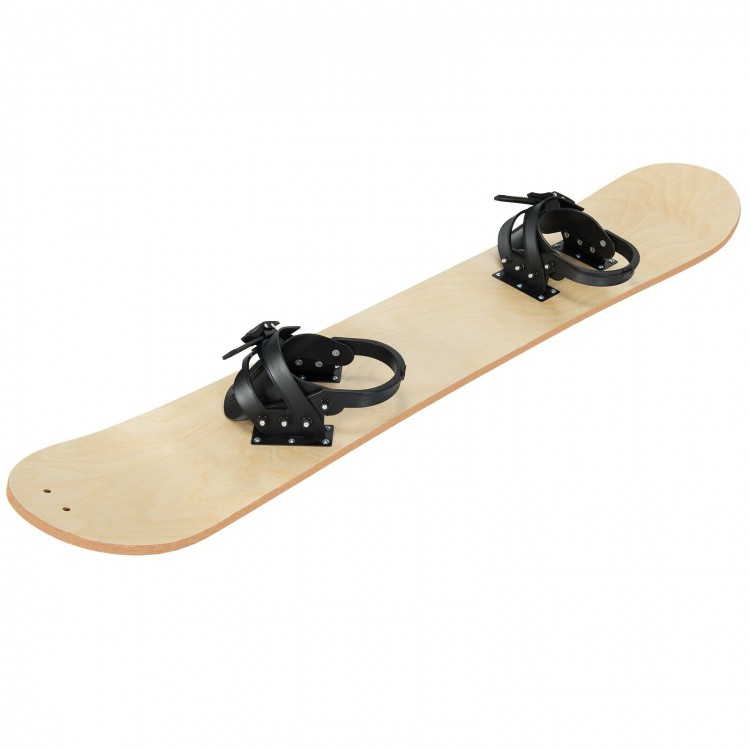 Snowboard with adjustable foot straps, made of sturdy wood, ideal for kids learning to ski, lightweight and portable.
