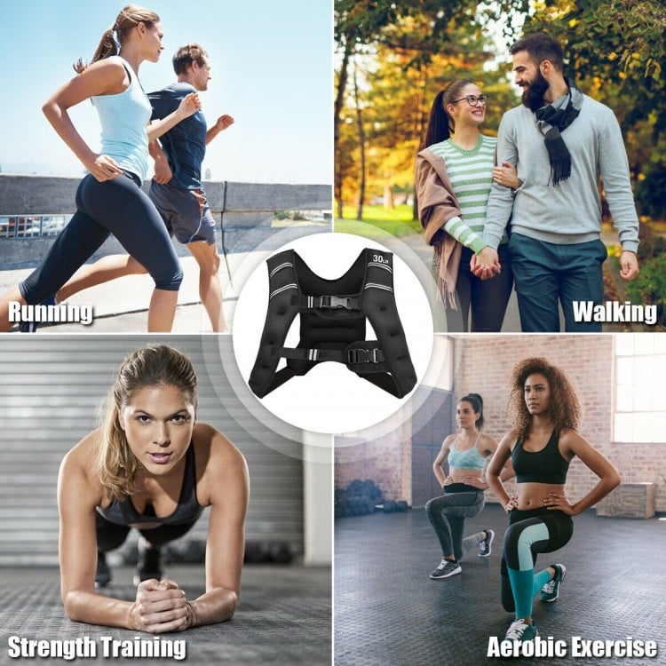 30 LBS adjustable workout weighted vest with breathable material, ideal for running, walking, and strength training.