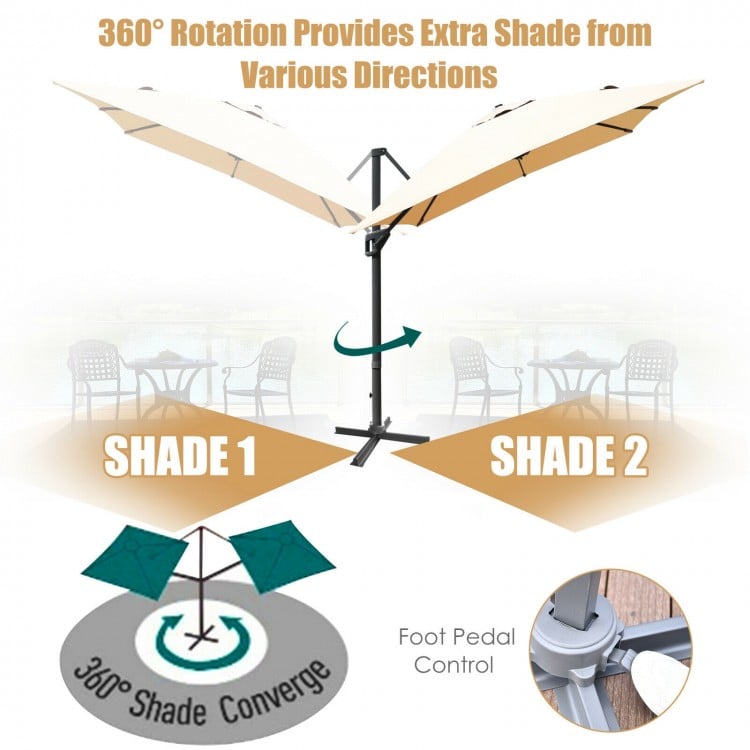 Rectangular cantilever umbrella with 360° rotation, beige color, ideal for gardens and backyards, offers large shade.