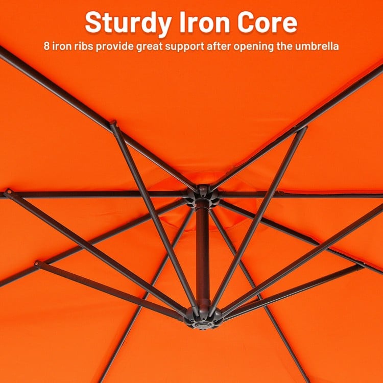 View of the sturdy iron core with 8 ribs of the 10FT orange offset umbrella, designed for enhanced stability and.