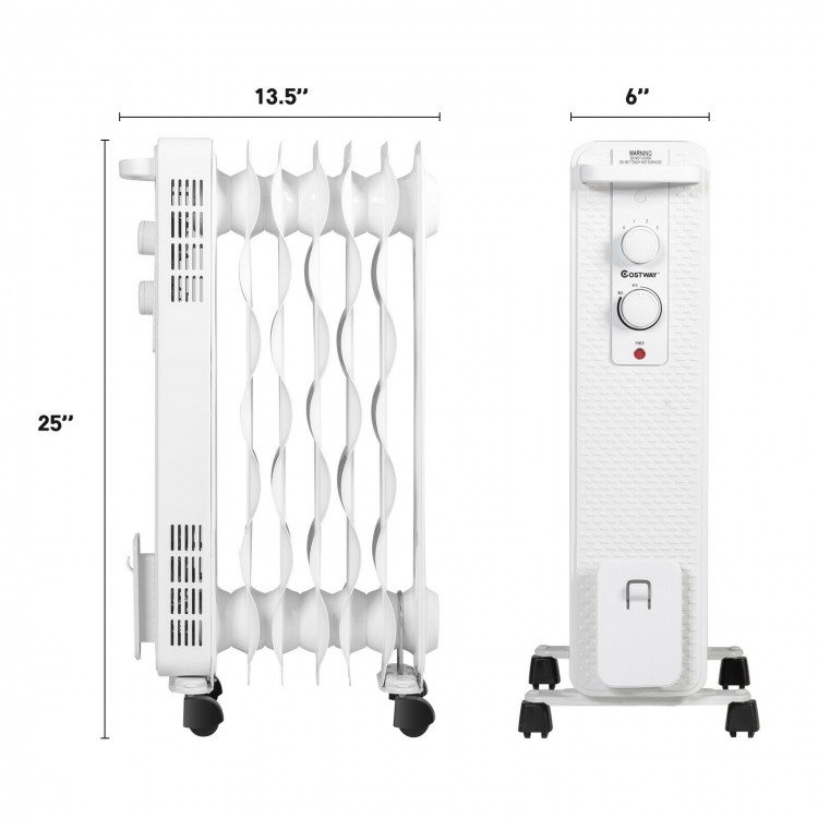 Oil-filled radiator heater in white with adjustable thermostat, three heat settings, and compact design for easy.