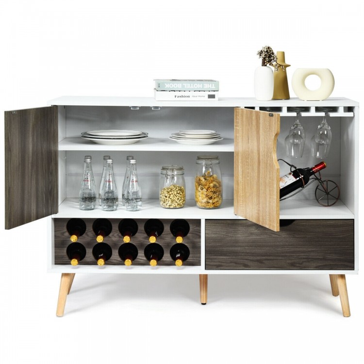 Mid-century buffet sideboard with wine rack, storage cabinet, and adjustable shelves for kitchen or dining room use.