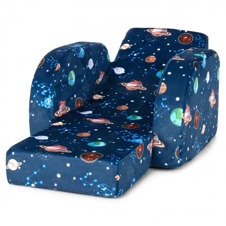 3-in-1 convertible kid sofa bed in blue with planet pattern, designed for comfort and relaxation in playrooms or.