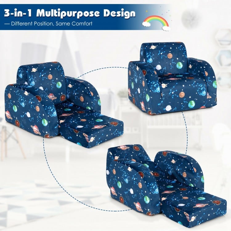 Convertible 3-in-1 kids sofa bed in blue with planet patterns, perfect for lounging, reading, or playing.