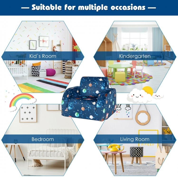 Convertible kid sofa bed in blue with planet patterns, perfect for playrooms, living rooms, and bedrooms.