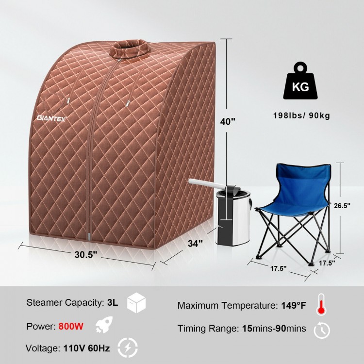 Portable personal steam sauna with 3L steamer, waterproof fabric, and folding chair for home health care and relaxation.