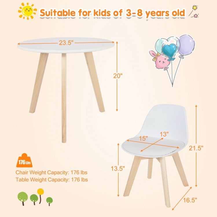 Modern kids activity play table and two chairs set with white cushion and sturdy beech legs, perfect for children's.
