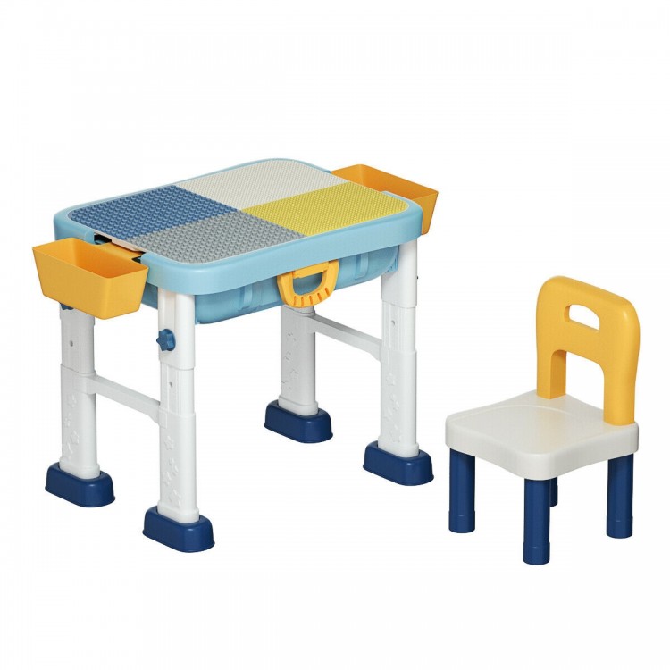 Kids activity table set with chair in blue and yellow, featuring storage compartments and adjustable heights for.