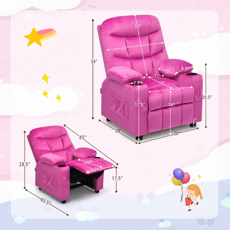 Kids recliner chair in pink with cup holders and footrest, featuring ergonomic design and sturdy wood frame for comfort.
