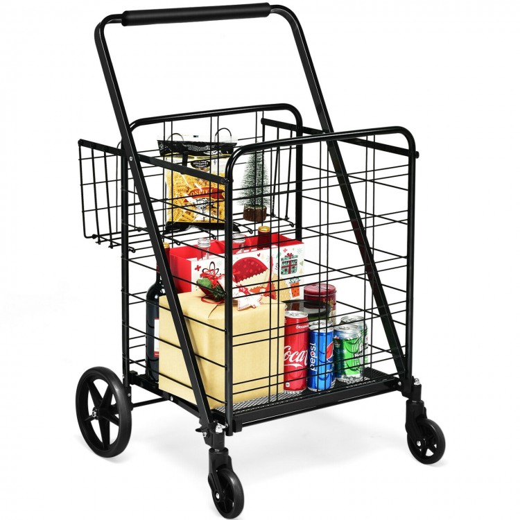 Heavy-duty black utility shopping cart with spacious baskets, swivel wheels, and foldable design for easy storage.