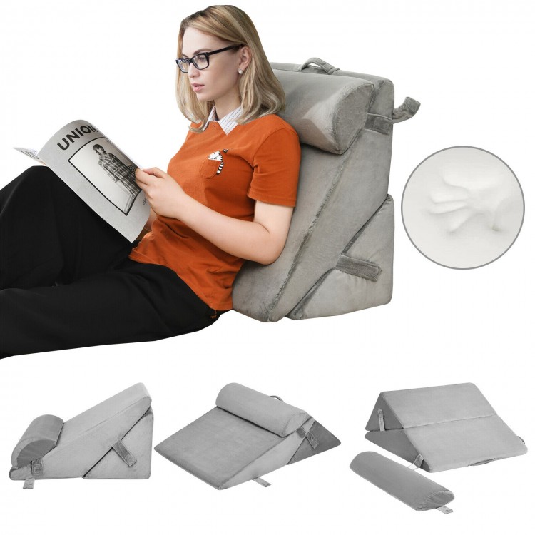 Adjustable gray memory foam back support pillow set, perfect for reading or lounging in multiple positions.