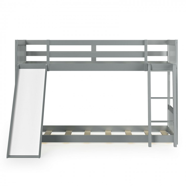 Gray twin over twin bunk bed with slide, showcasing a sturdy frame and safe, wide-step ladder for kids' easy access.