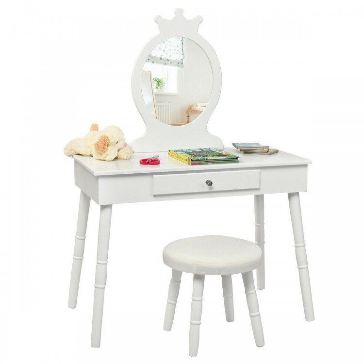 White vanity makeup table and chair set with mirror, featuring a drawer for storage and a cushioned stool for comfort.