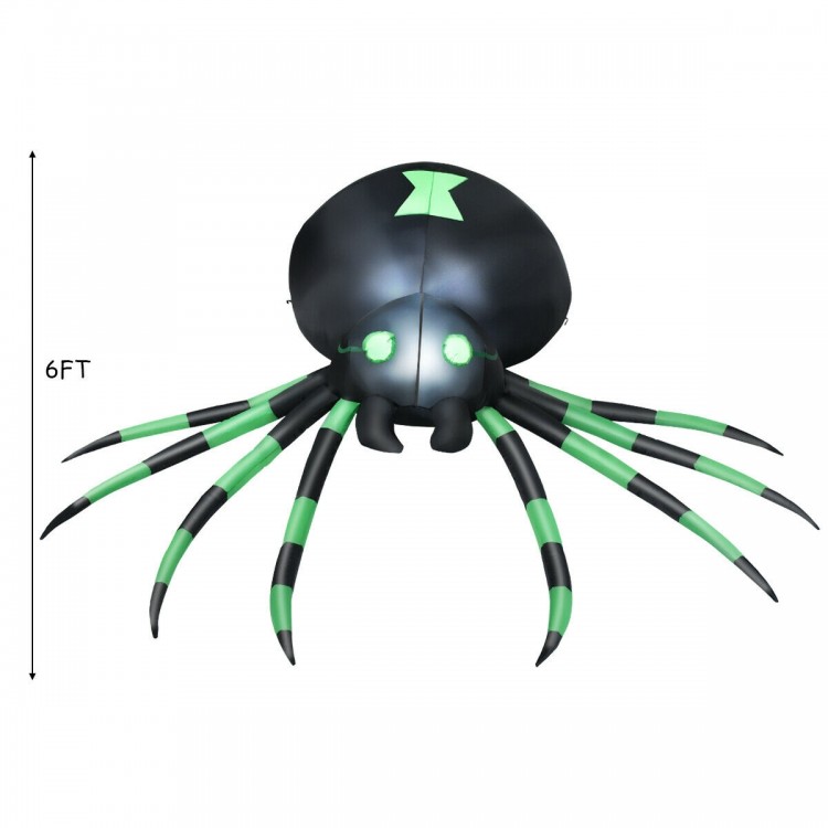6-foot inflatable Halloween spider with green accents, made of durable polyester, perfect for indoor and outdoor decor.
