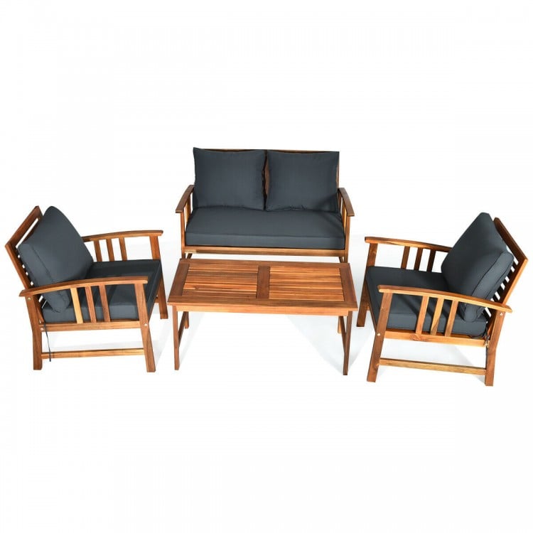 4-piece wooden patio furniture set featuring a loveseat and two chairs with soft cushions, perfect for outdoor.