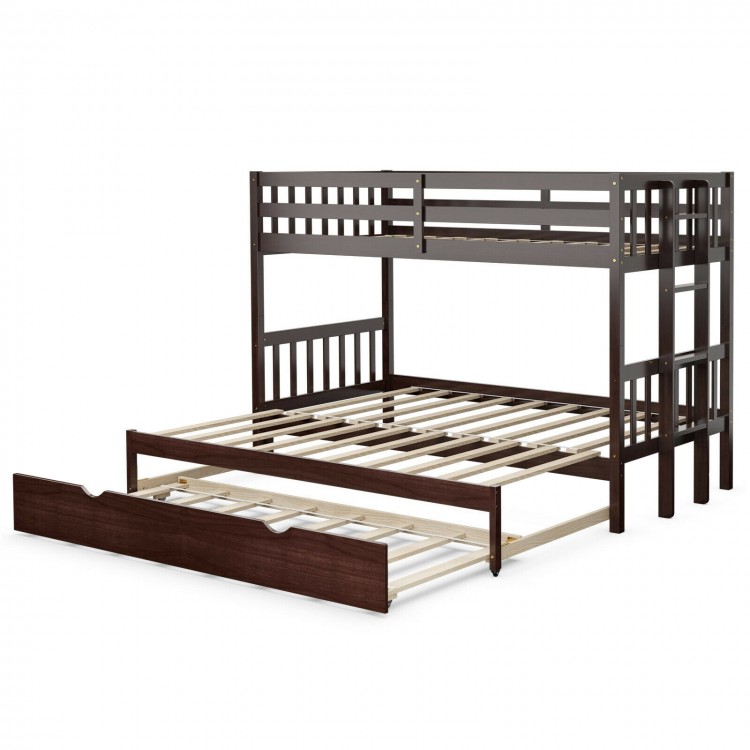 Twin pull-out bunk bed in dark brown with trundle and wooden ladder, perfect for space-saving solutions in bedrooms.