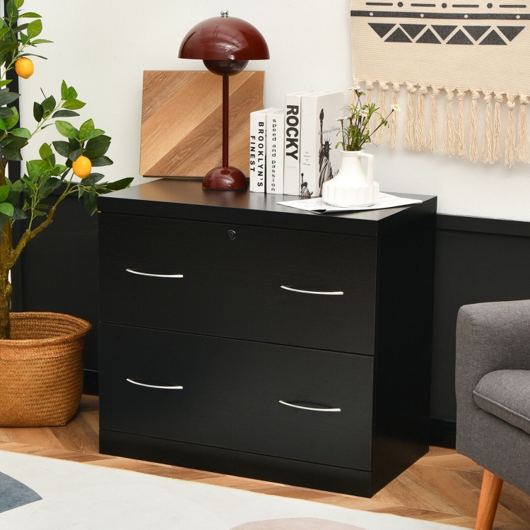 2-drawer black file cabinet with lock, sturdy density board, ideal for office or home storage and decorative display.