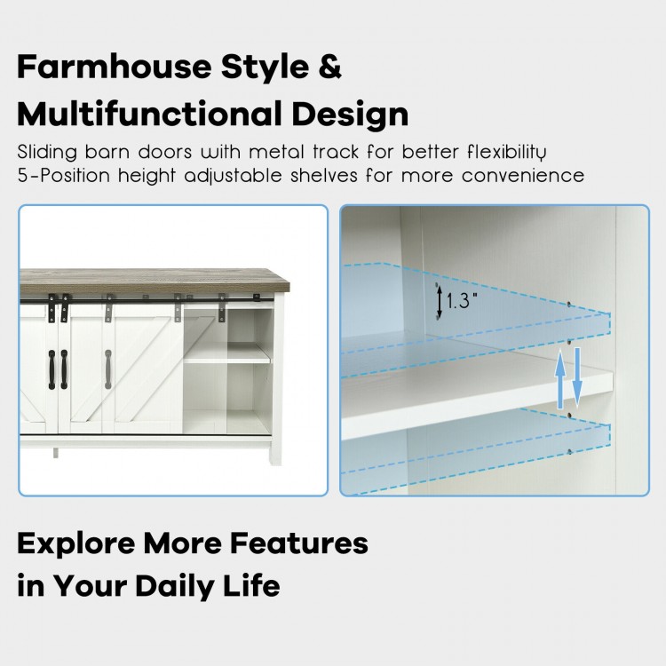 TV stand media center console cabinet in white with sliding barn doors and adjustable shelves for versatile storage.
