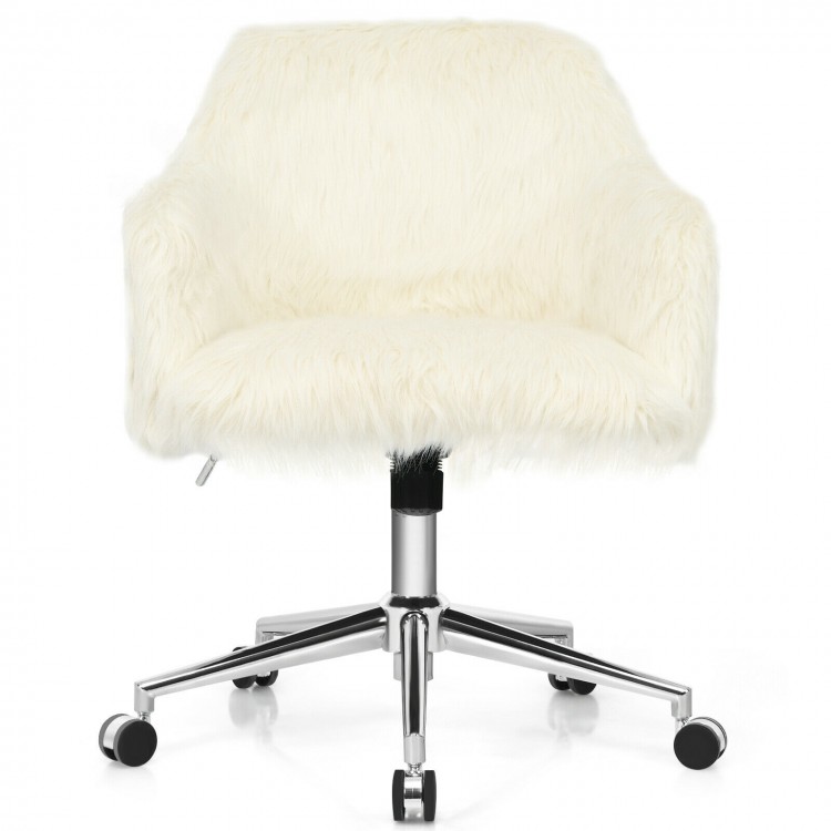Fluffy faux fur vanity office chair in beige with a sturdy metal base, adjustable height, and 360-degree swivel for.