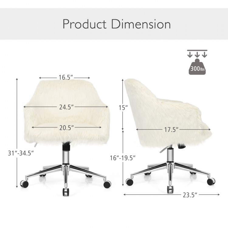 Modern fluffy faux fur office chair dimensions, adjustable height 16"-19.5", supports up to 300 lbs, ideal for teens.