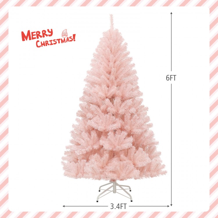 6ft pink artificial Christmas tree with hinged construction and X-shaped metal stand, perfect for festive decoration.