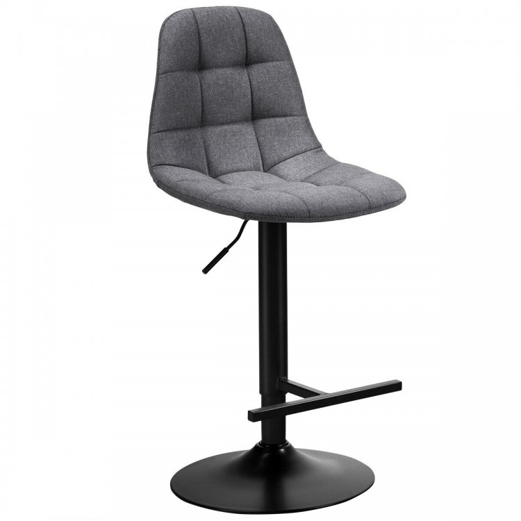 Adjustable gray linen bar stool with a padded seat and T-shaped footrest, perfect for kitchens and cafes.