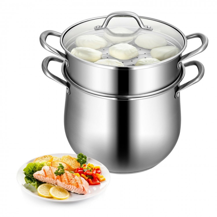 2-tier stainless steel steamer pot with tempered glass lid, ideal for boiling and steaming fish and dumplings.