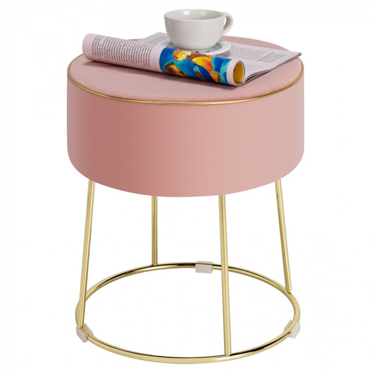 Round pink velvet footrest stool with gold metal frame, ideal as a sitting stool or side table for modern decor.