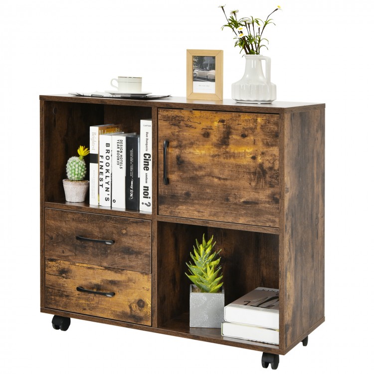 Mobile file cabinet in brown with open compartments, drawers, and wheels for easy movement, ideal for office or home.
