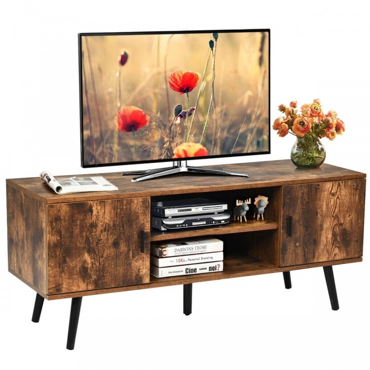 Industrial TV stand in rustic brown with storage cabinets, suitable for TVs up to 55", perfect for living room.