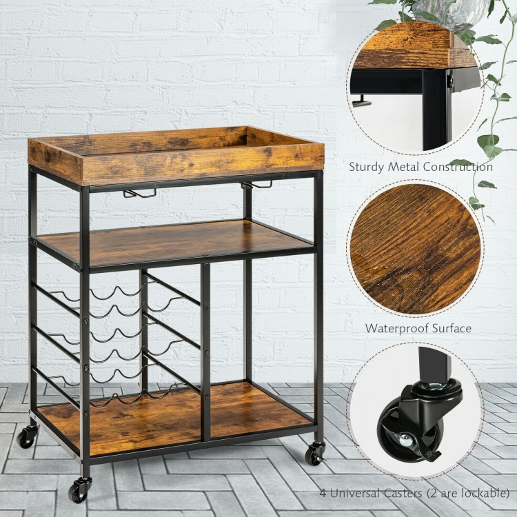 3-tier wood rolling kitchen serving cart in rustic brown with wine rack, metal frame, and lockable casters for easy.