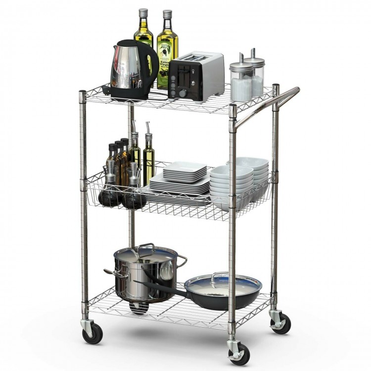 Rolling utility cart featuring three spacious tiers, ideal for storing kitchen appliances and essentials with mobility.