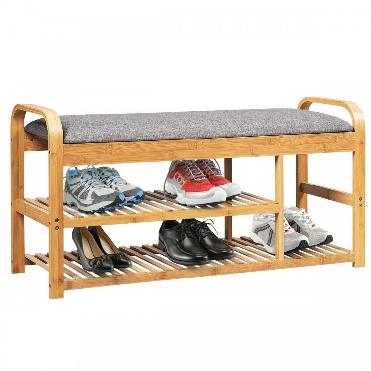 Bamboo shoe rack bench with cushion, featuring three tiers and ergonomic design, perfect for entryway organization.