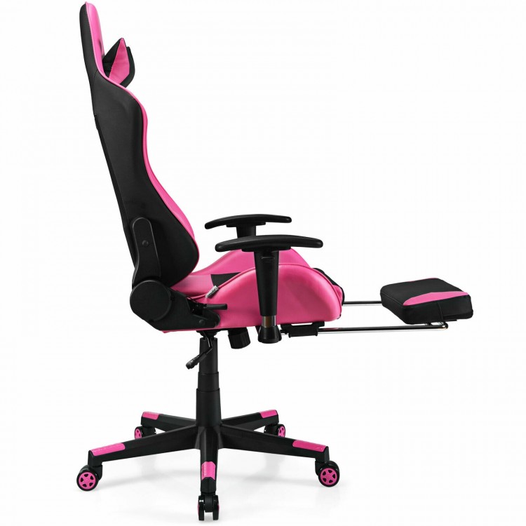 Side view of a pink PU leather gaming chair with adjustable armrests, footrest, and USB massage lumbar pillow.