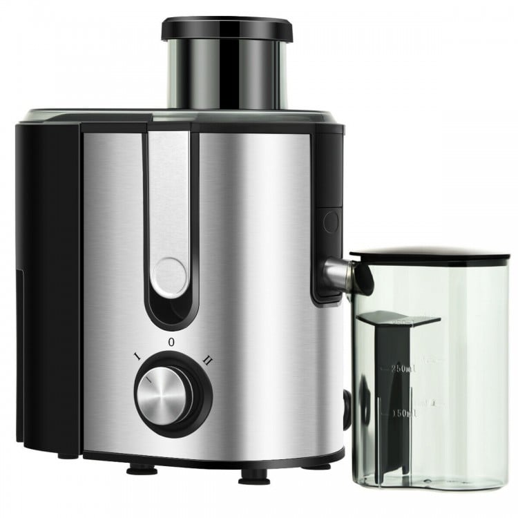 Centrifugal juicer machine showing side view with large 1300ml pulp collector and easy-to-clean detachable parts.
