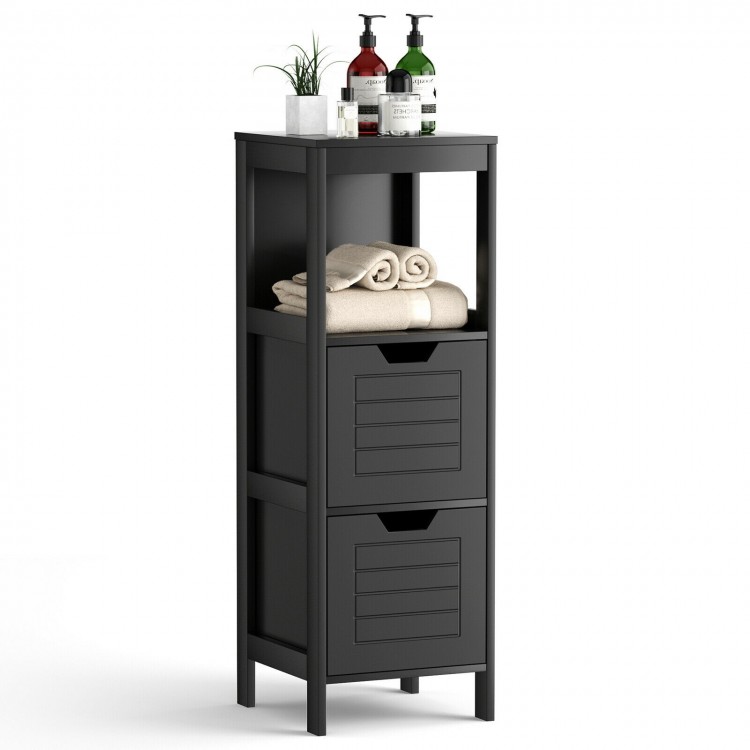 Black wooden floor cabinet featuring a top shelf for decor, two drawers for hidden storage, and sturdy MDF construction.