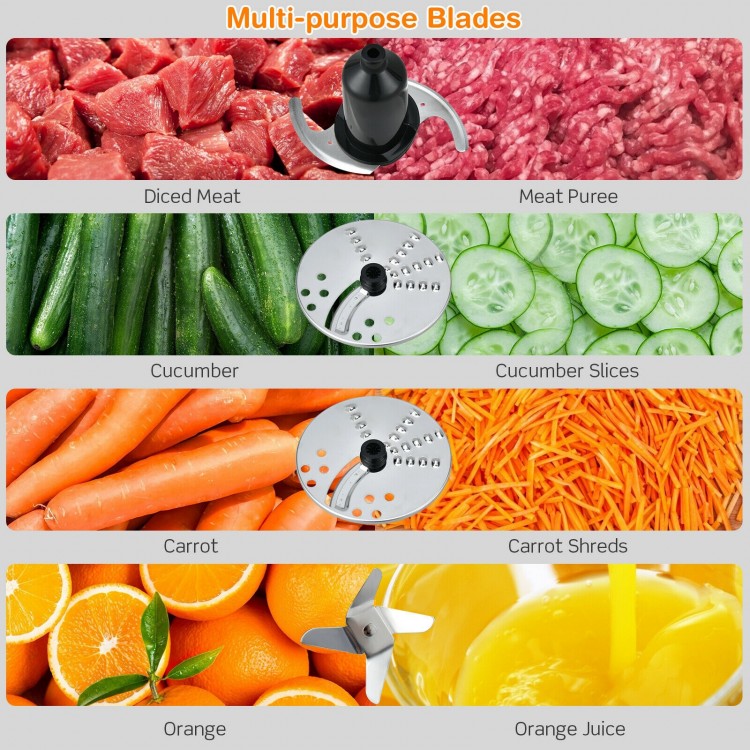 Multi-purpose blades for the 8 Cup Food Processor, including slicing, shredding, and juicing functions for versatile.