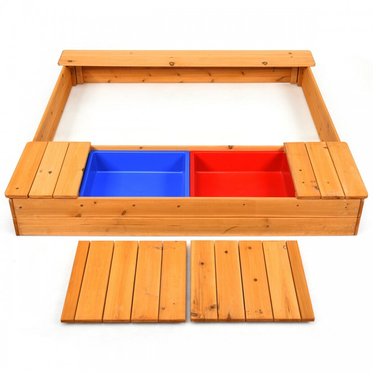 Cedar sandbox with two plastic storage boxes and detachable seats, designed for kids' outdoor play and creativity.